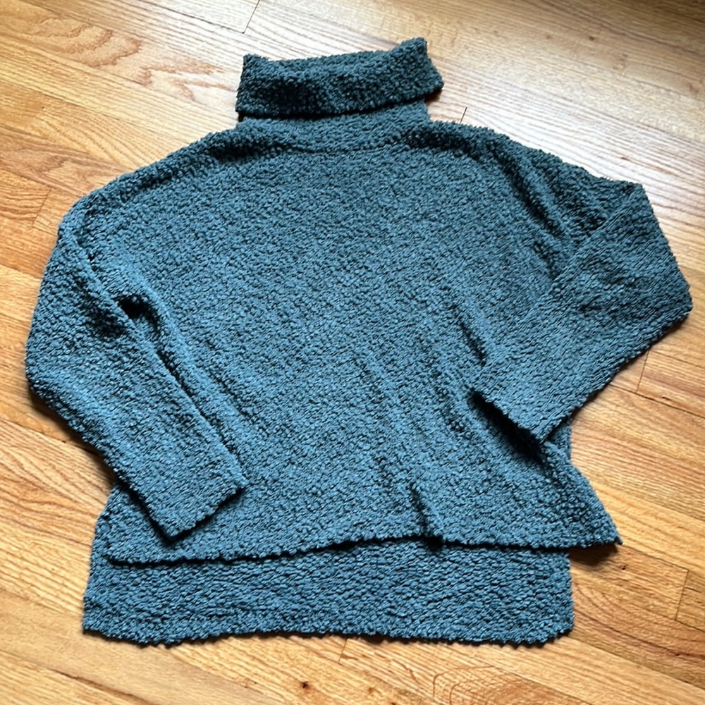 Teal turtleneck.